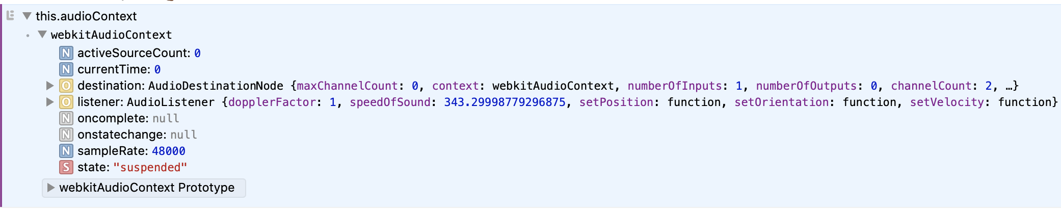 Dev console showing the output of logging this.audioContext. The state attribute is shown as suspended